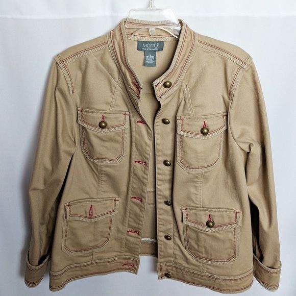 Motto Military Style Khaki Jacket Red Trim Sz M - Picture 2 of 8